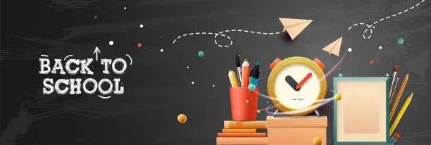 Vector illustration of Back to school web banner. School workspace, artist and school supplies on black chalkboard, vector illustration