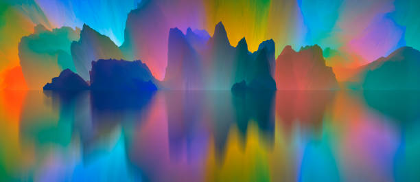 Magical world. Abstract Landscape, surreal lake and reflections. art, creativity and imagination. 3d illustration