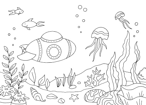 Underwater submarine graphic sea black white sketch illustration vector