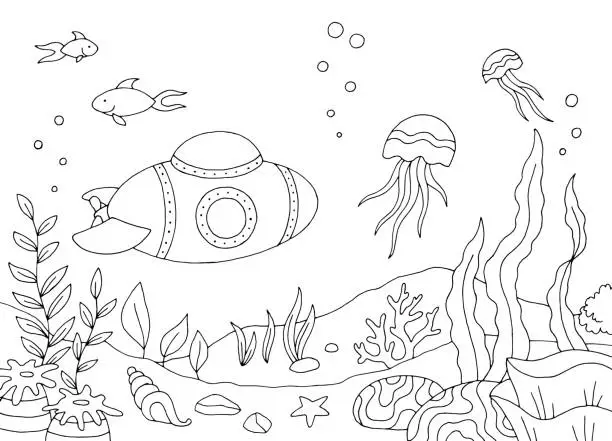 Vector illustration of Underwater submarine graphic sea black white sketch illustration vector