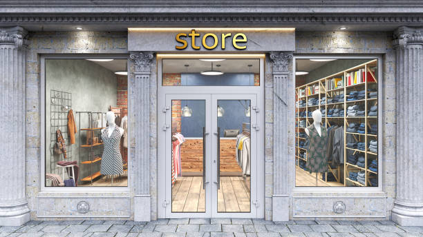 istock Store facade in a classic style with massive columns and mouldings and modern shop inside with a lot of products and mannequins, 3d illustration 1637684354