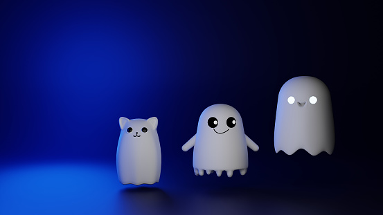 Set of cute ghosts and spirits on dark blue background for Halloween. Cute ghosts for cards and banners, flyers and icons. Halloween Holiday Spirits. Image 3D rendering.