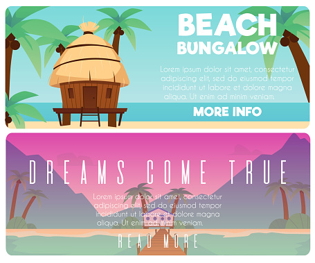 Beach bungalow tropical hotel or island resort banners set, flat vector illustration. Flyers or posters background for bungalow beach summer vacation.