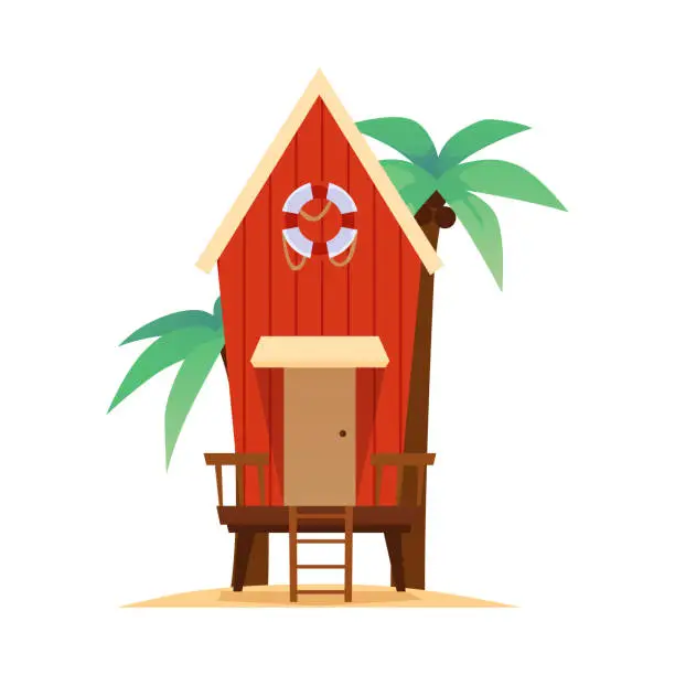 Vector illustration of Bungalow with lifebuoy and palm trees, vector cartoon vintage villa for vacation and resort on exotic island, small hut