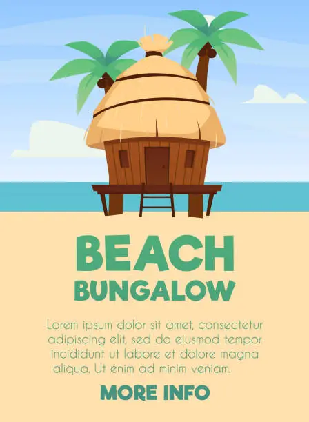 Vector illustration of Wooden bungalow with thatched roof, small hut near palm trees on the beach, vector poster with villa for resort vacation