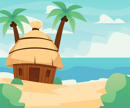 Bungalow with thatched roof. Small hut near palm trees on the beach. Vector cartoon vintage villa for vacation and resort on exotic island. Summer home, tropical paradise coast wooden dwelling.