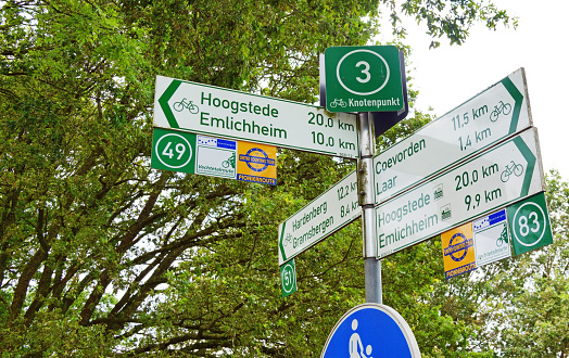 Direction sign for many biking and hiking trails in Lower Saxony, Germany, near the Dutch border