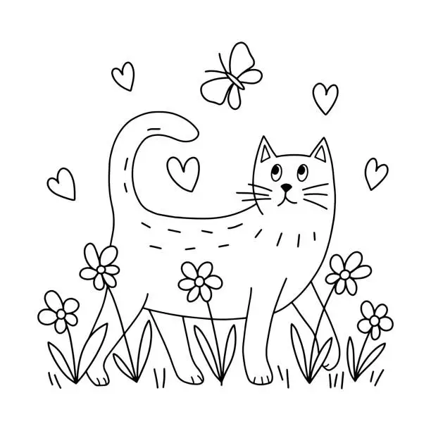 Vector illustration of Cat and flowers linear drawing. Stylized character for coloring.