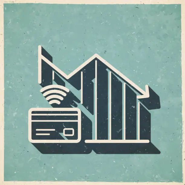 Vector illustration of Chart of decreased contactless payment. Icon in retro vintage style - Old textured paper