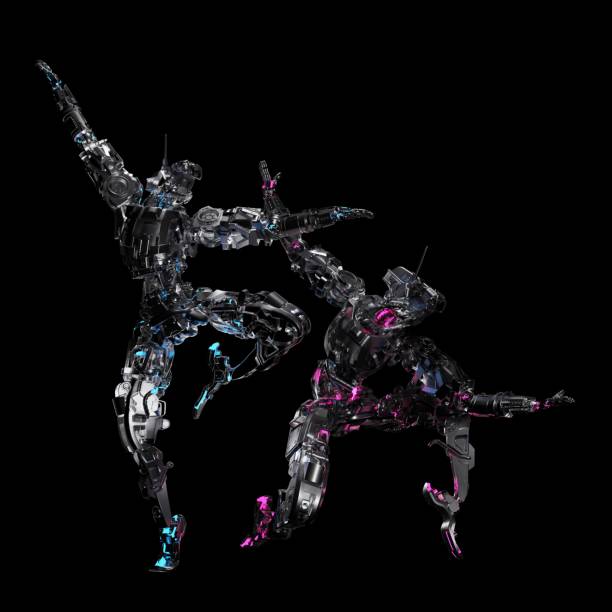istock robot, android frozen in a beautiful dance pose,  beautiful background for music, 3d render, black background 1637712500