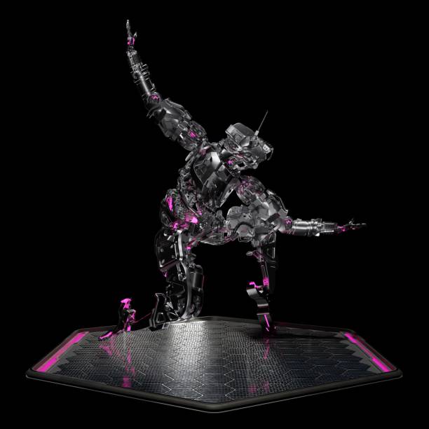 istock robot, android frozen in a beautiful dance pose,  beautiful background for music, 3d render, black background 1637712507