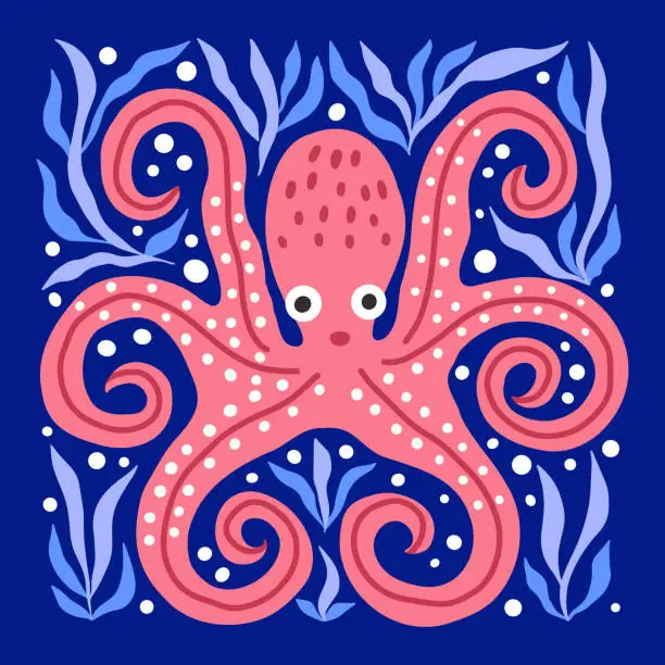 Vector illustration of Pink octopus hand drawn flat vector illustration.
