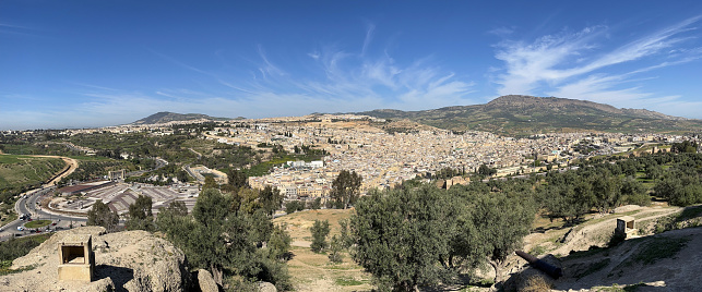 Fes, Morocco, Africa: the stunning panoramic skyline of the city with the old medina and the Ville Nouvelle (New City) surrounded by the hills seen from Borj Sud (Burj al-Janub) fortification