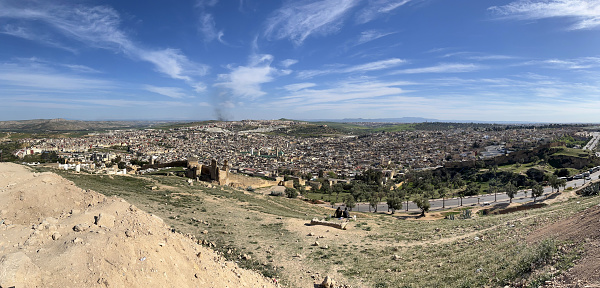 Fes,  Morocco, Africa: the stunning panoramic skyline of the city with the old medina and the Ville Nouvelle (New City) surrounded by the hills seen from Borj Nord (Burj al-Shamal) fortification