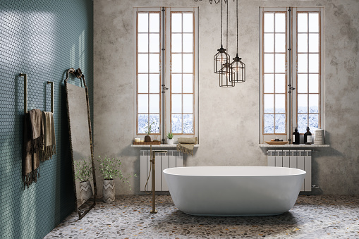 Retro Style Bathroom With Bathtub, Mirror And Pendant Light