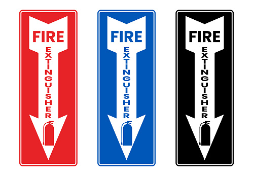 Fire Extinguisher Sign Stickers Printable File, Safety, Fighting, Equipment Directions With Arrow, Hose, Burn, Emergency, Hazard, Protection, Alarm.