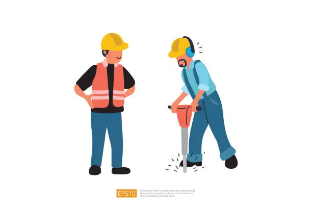 Vector illustration of Construction worker drills road surface with jackhammer. Road professional worker supervision male character. character illustration cartoon vector