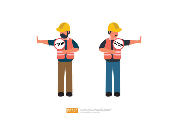 Construction Builder Worker helmet holding road stop sign. Vector Illustration of Construction Worker Character Construction Builder Worker helmet holding road stop sign. Vector Illustration of Construction Worker Character hardhat roadblock boundary barricade stock illustrations