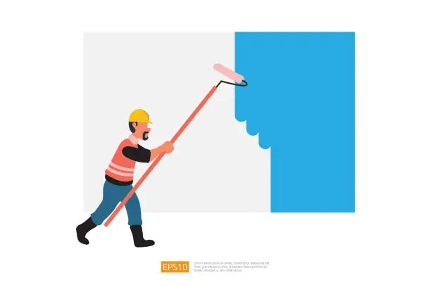 Vector illustration of Painter man Painting Wall with Roller Brush. Vector Illustration of Construction Worker Character
