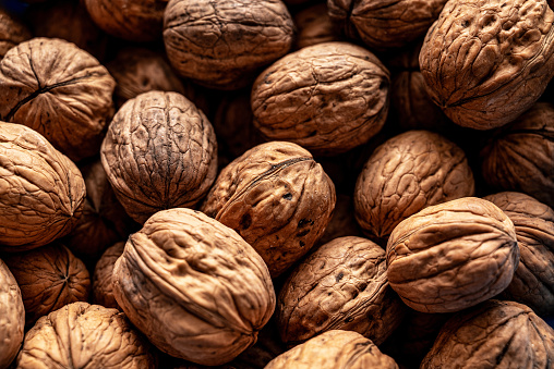 Fresh organic whole walnuts, filling the picture. Background of organic walnuts texture