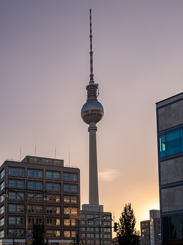 Berlin television tower at sunset. Berlin TV tower close-up.