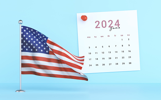 2024 June Calendar And Usa Flag On Blue Background