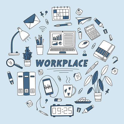 Workspace doodle set in circle with lamp, smartphone, laptop, cactus, marker, books, pen, calculator, sticker, calendar in doodle style. Vector monochrome line art sketch.