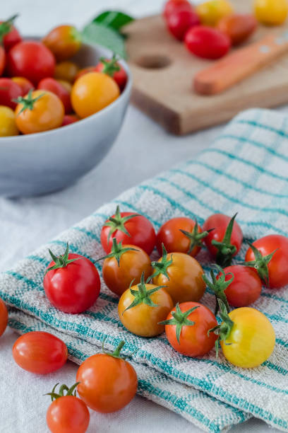 istock Fresh red and yellow cherry tomatoes on a checkered textile. 1637814939