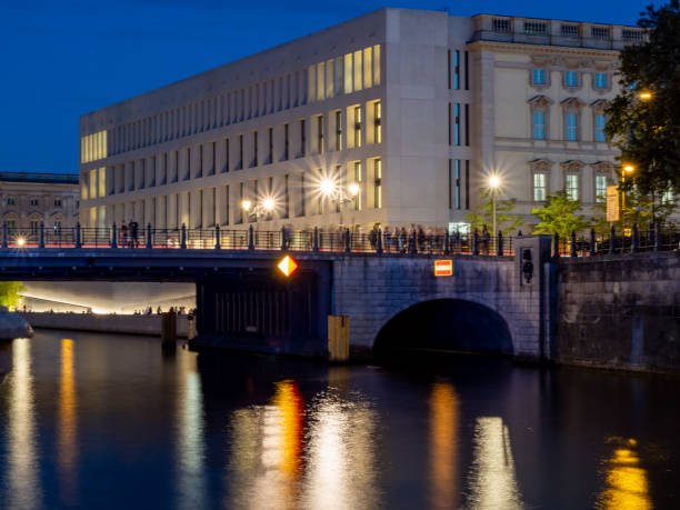 View of Berlin city river at dusk.