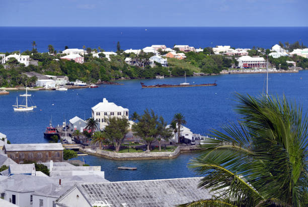 St George's town, St George's island, Bermuda: view over Ordnance Island and St George's harbor - Bob Burns Memorial Park and Storekeeper's House (Corporation of St. George) -  the island is linked to King's Square by a causeway - Cut Road in the background - Historic Town of St George and Related Fortifications, UNESCO world heritage site.