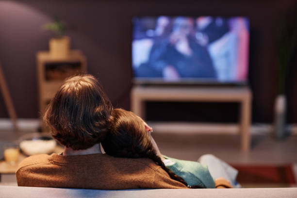 vista traseira do jovem casal assistindo tv juntos em casa sentados no sofá no escuro - family sofa night indoors - fotografias e filmes do acervo