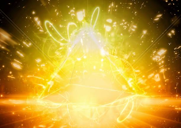 3d illustration of golden triangular pyramid exploding in energy and power concept