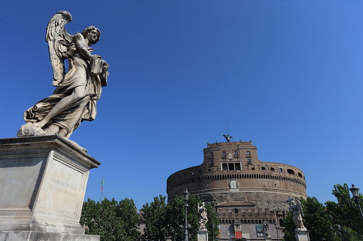 Rome, Italy - August 22, 2023. Castel Sant'Angelo, also called Hadrian's mausoleum seen from Sant'Angelo bridge