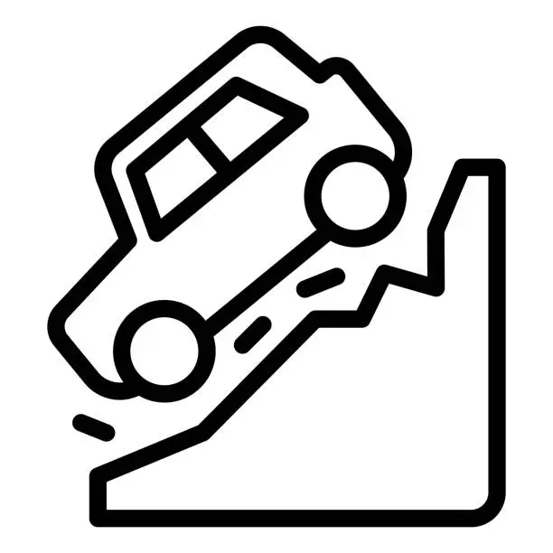 Vector illustration of Steep descent line icon. Auto coming from incline mountain downwards symbol, outline style pictogram on white background. Car accidents for mobile web design. Vector graphics.