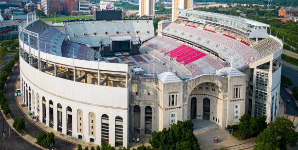 Looking down at The Ohio State Unerversity Stadium set up for a concert Columbus, Ohio, USA - 5 August 2023: Drone view Looking down at The Ohio State University Stadium set up for a concert. ohio state university football stock pictures, royalty-free photos & images