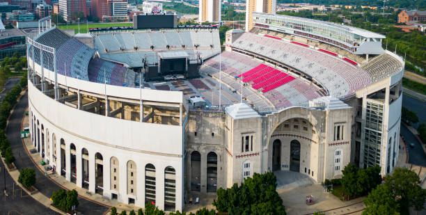 Looking down at The Ohio State Unerversity Stadium set up for a concert Columbus, Ohio, USA - 5 August 2023: Drone view Looking down at The Ohio State University Stadium set up for a concert. oregon state university stock pictures, royalty-free photos & images