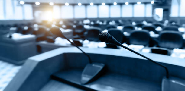 istock The microphones in front of empty chairs 1637875199