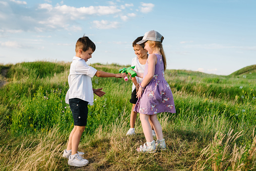 The happy little children running and playing in a field and mountains on a sunny summer day at sunset. Cute kids laugh and walk on green grass in the spring.