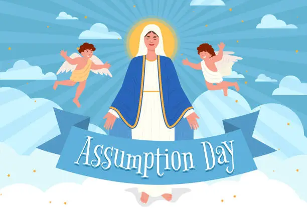 Vector illustration of Assumption Day, Beautiful portrait of St. Mary the Virgin, the Mother of Jesus.