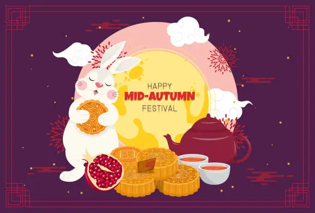 Vector illustration of Happy mid autumn festival. Rabbit with mooncakes and pomegranates in Chinese traditional Mid-Autumn Festival