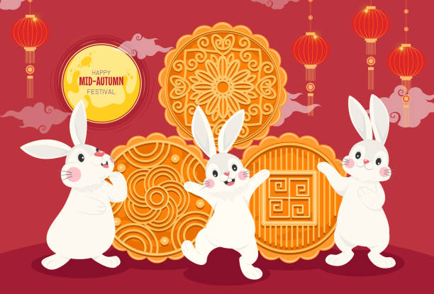 ilustraciones, imágenes clip art, dibujos animados e iconos de stock de feliz banner de ilustración del festival de mediados de otoño. lindo conejo con pasteles de luna y linterna - faith significado