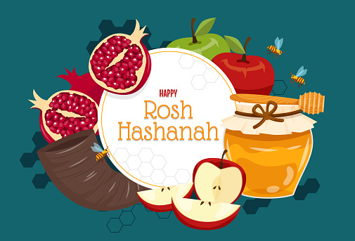 Rosh hashanah day. Jewish day of judgement preceding Yom Kippur (day of atonement), one of several Jewish New Years. design with honey, pomegranate and apples. SHANA TOVA, happy new year in Hebrew.