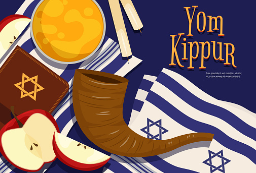 Yom Kippur primary holy day in Judaism, tenth day of the new year. The holiest day of the Jewish year, Yom Kippur means day of atonement. design with shofar, honey, apples and candle. Traditional in Hebrew.