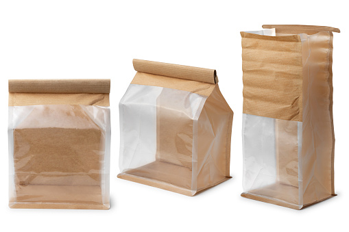 brown paper bag with window transparent on white background