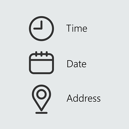 Time, date, location, adress icon set. Clock, calendar, location, reminder symbols. Business design vector stock illustration.
