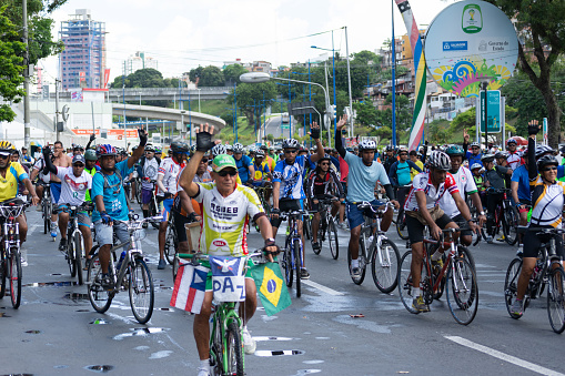 Salvador, Bahia, Brazil - January 04, 2015: Dozens of cyclists are seen at the start of the tour through the streets of the city of Salvador, Bahia.