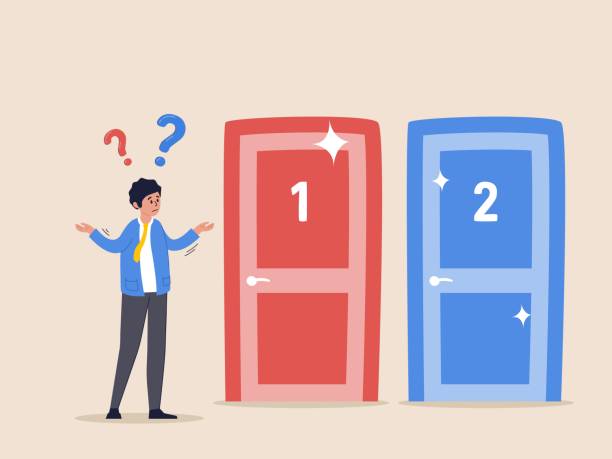 Decide dilemma concept. Alternatives or opportunities. Making decision. Difficult choice between two options. Solve problem. Confused man standing near two doors. Choose pathway. Vector illustration. Decide dilemma concept. Alternatives or opportunities. Making decision. Difficult choice between two options. Solve problem. Confused man standing near two doors. Choose pathway. Vector illustration cartoon of conclusion stock illustrations