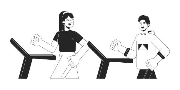 Vector illustration of Sportsmen in gym flat line black white vector character