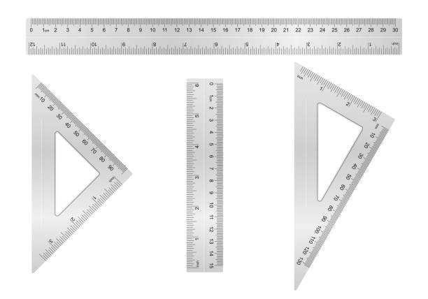 istock Metal ruler collection. Short, long and triangle ruler with different type of measure. 1637991371