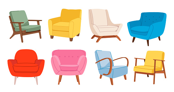 Chairs and armchairs set. Furniture for home and office. Classic and modern furniture for different interiors. Flat vector illustration.